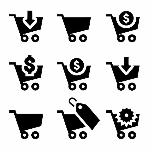 Conjunto de iconos de la canasta de compras Comprar en el mercado o supermercado Vector
