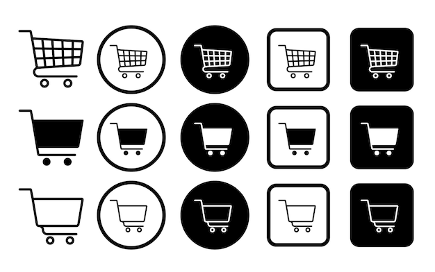 Conjunto de iconos de la canasta de compras Conjunto del iconos de las canastas de compras Compra en el mercado o en el supermercado Ilustración vectorial de la caja de compras
