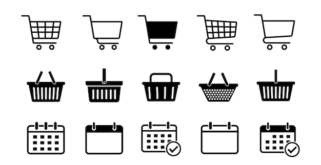 Conjunto de iconos de la canasta de compras Conjunto De iconos de las canastas de compras Comprar en el mercado o en el supermercado Icono del calendario Ilustración vectorial