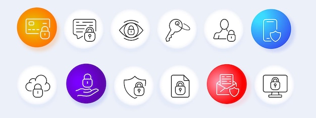 Conjunto de iconos de candado Protección bancaria protección de correo protección de datos personales protección de datos en la nube monitor de escudo de llave Concepto de seguridad Fondo de color pastel Icono de línea vectorial para negocios