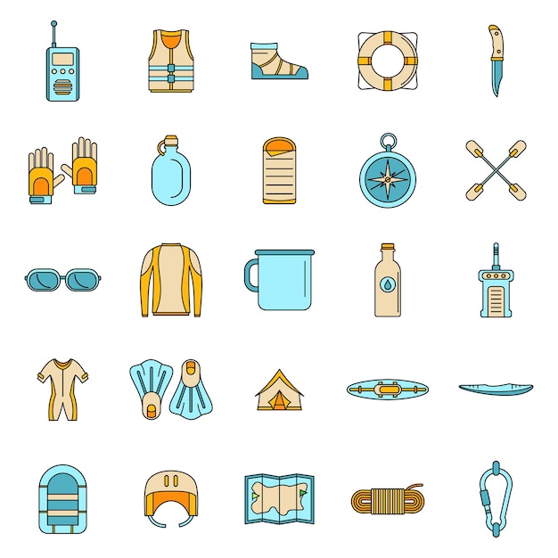 Conjunto de iconos de canoas acuáticas de rafting Ilustración general de 25 iconos vectoriales de canoas acuáticas de rafting línea delgada color plano en blanco