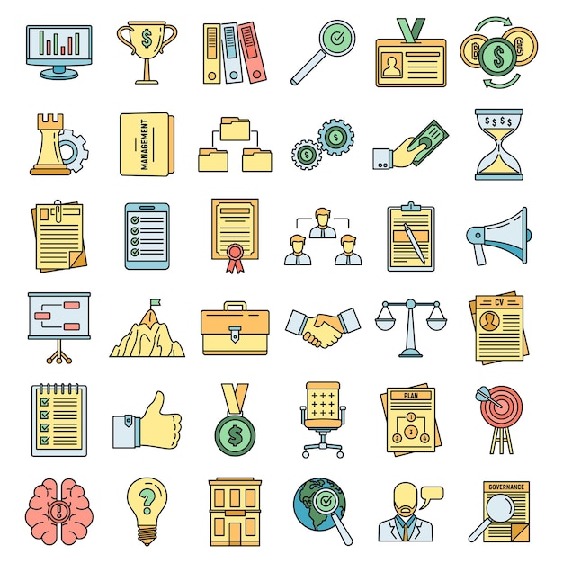 Conjunto de iconos de capacitación en gobierno corporativo Conjunto general de iconos vectoriales de capacitación en gobernanza corporativa Color de línea delgada plano en blanco