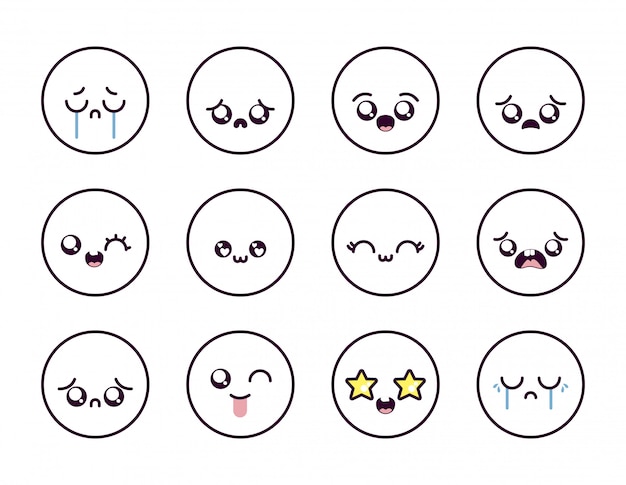 Conjunto de iconos de cara de dibujos animados kawaii dentro de círculos
