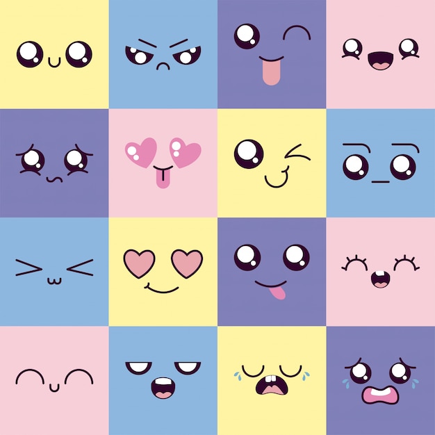 Conjunto de iconos de cara de dibujos animados kawaii dentro de marcos