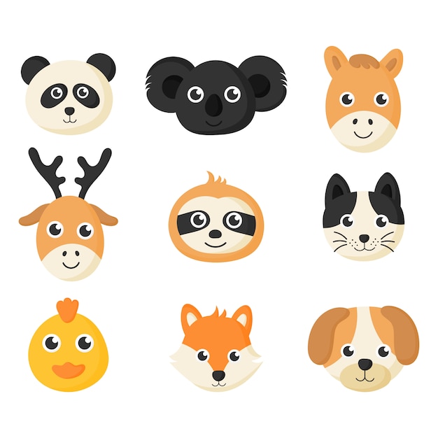 Conjunto de iconos de caras de animales lindos aislado sobre fondo blanco.