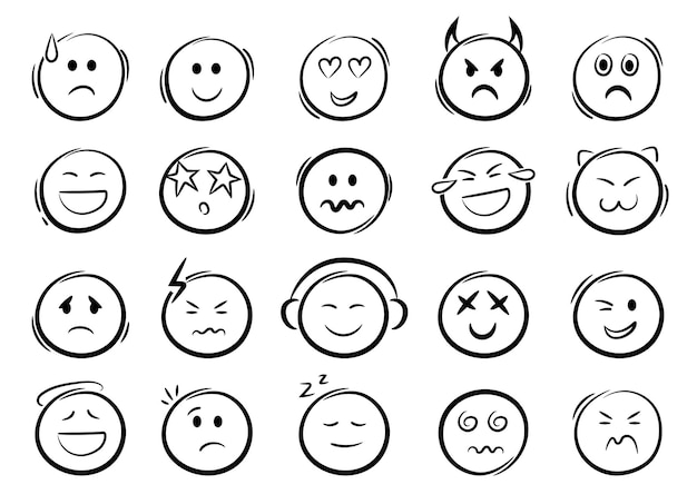 Conjunto de iconos de caras emoji de Doodle Sketch estilo pincel de tinta signos vectoriales
