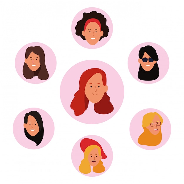 Conjunto de iconos de caras de mujeres de dibujos animados