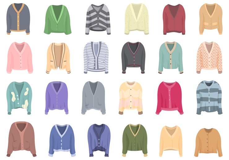 Conjunto de iconos de cardigan vector de dibujos animados prendas de punto lana de invierno