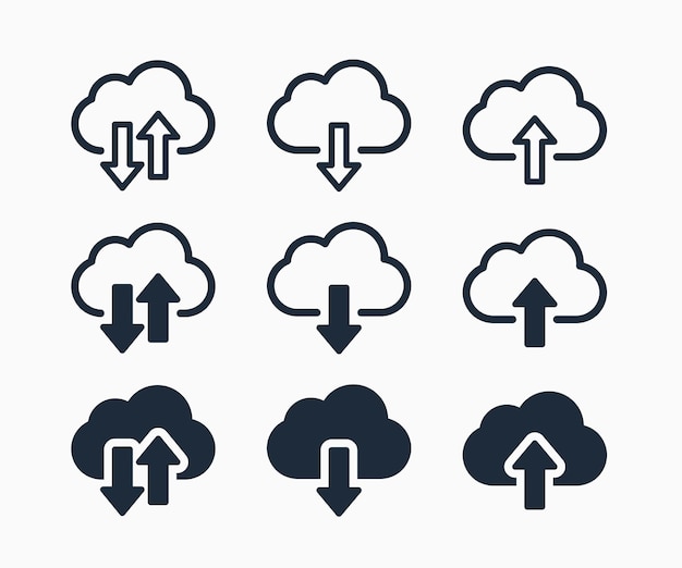 Conjunto de iconos de carga y descarga en la nube y símbolo de servicio en la nube