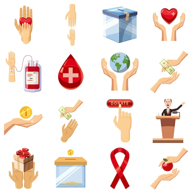 Conjunto de iconos de caridad, estilo de dibujos animados