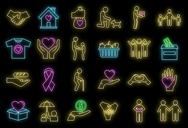 Conjunto de iconos de caridad voluntarios Conjunto general de iconos vectoriales de charidad voluntarios color neón en negro
