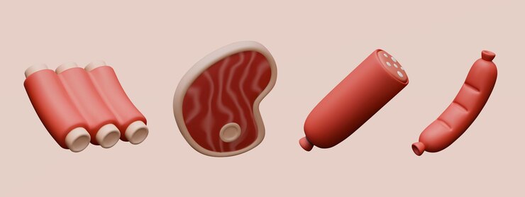 Vector conjunto de iconos de carne 3d costillas filete salami salchicha comidas crudas y preparadas
