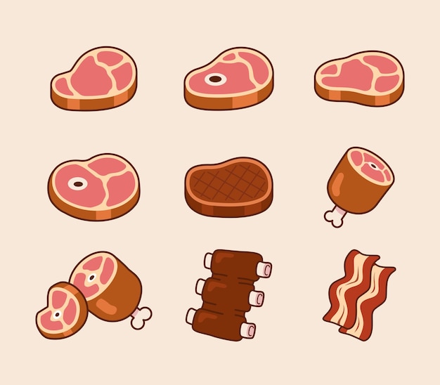 Conjunto de iconos de carne y res ilustración de estilo de dibujos animados