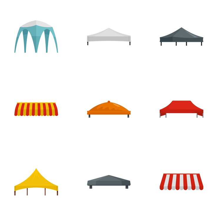 Vector conjunto de iconos de carpa para eventos, estilo plano