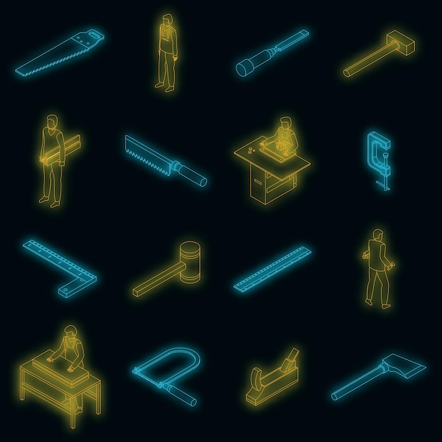 Conjunto de iconos de carpintero neón vectorial