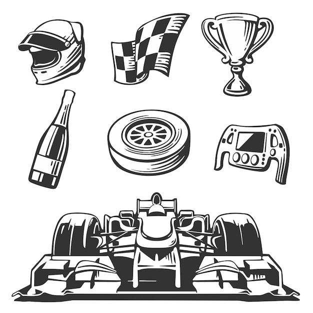 Vector conjunto de iconos de carrera de coches. casco, rueda, neumático, velocímetro, copa, bandera, ilustración plana de vector aislado sobre fondo blanco.