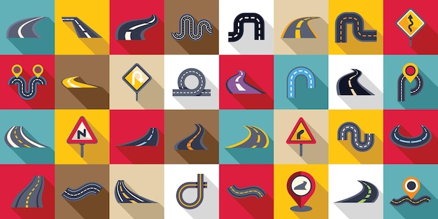 Conjunto de iconos de carreteras sinuosas Colección de señales de tráfico que representan diferentes direcciones y giros