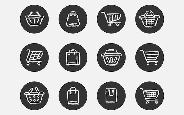 Conjunto de iconos de carrito de compras. Colección de iconos web para tiendas en línea, conjunto de iconos dibujados a mano de croquis