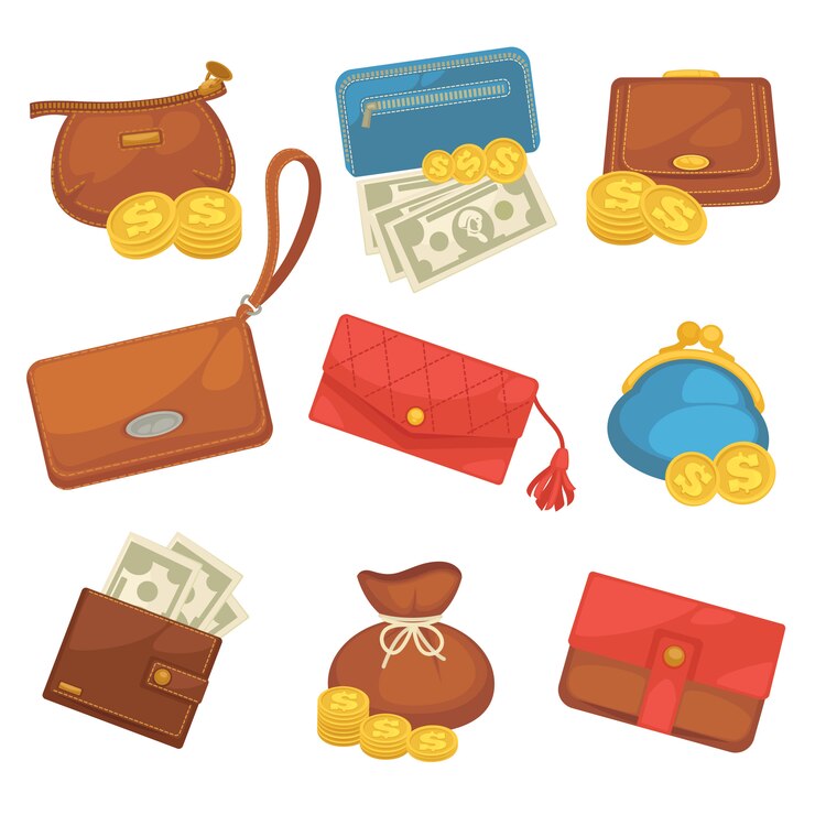 Vector conjunto de iconos de carteras con dinero de compras.
