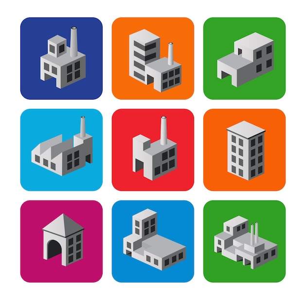 Conjunto de iconos casa isométrica, símbolos e iconos de la ciudad. Iconos de la ciudad.