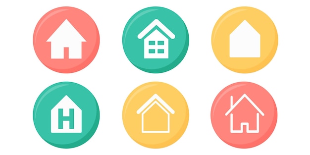 Conjunto de iconos de casas en botones coloridos circulares en verde rojo y amarillo