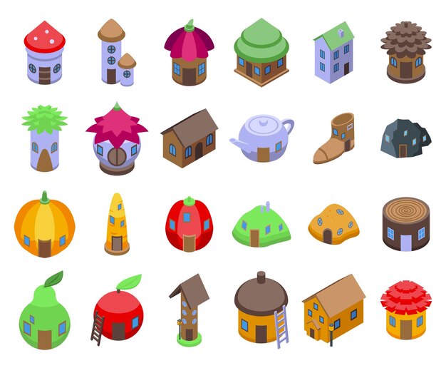 Conjunto de iconos de casas de gnomos vector isométrico set de hongo del bosque