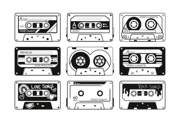 Conjunto de iconos de casetes de audio antiguos en blanco y negro Símbolos de tecnología de audio retro con una sensación nostálgica perfecta para nostalgia musical y diseños retrotemáticos Ilustración vectorial monocromática