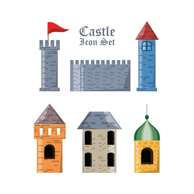 Vector conjunto de iconos de castillo del tema medieval y de cuento de hadas del palacio