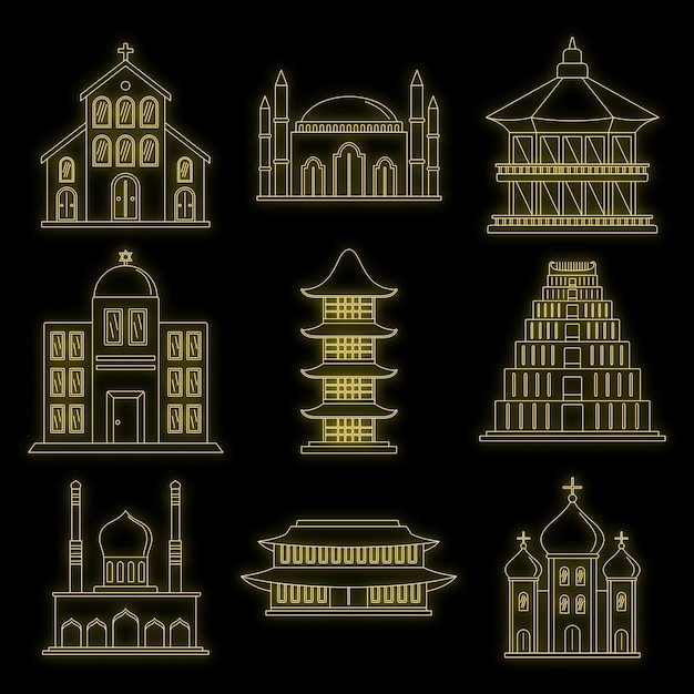 Vector conjunto de iconos del castillo de la torre del templo ilustración del contorno de 9 iconos vectoriales del castillo de la torre del templo color neón en negro