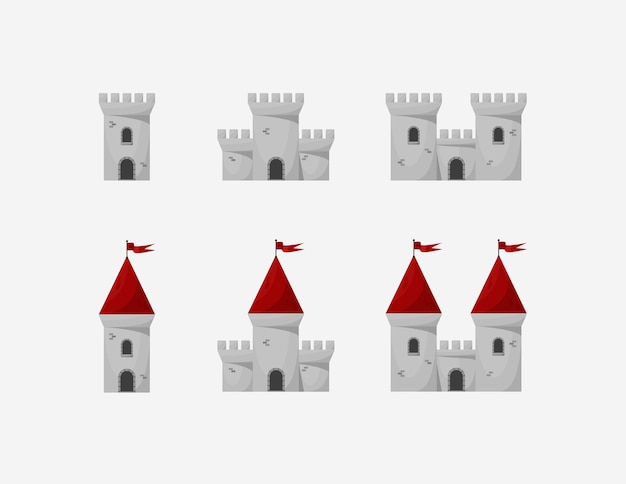 Vector conjunto de iconos de castillos vectoriales medievales icono de torre de castillo de cuento de hadas de dibujos animados