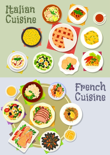 Vector conjunto de iconos de cena de cocina francesa e italiana