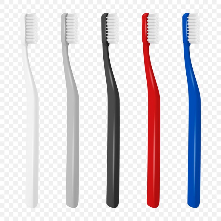 Vector conjunto de iconos de cepillo de dientes en blanco de plástico realista 3d vectorial aislado en plantilla de diseño de fondo transparente mockup odontología cuidado de la salud concepto de higiene cepillo de dientes en la vista frontal lateral superior