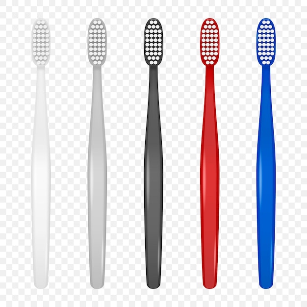 Conjunto de iconos de cepillo de dientes en blanco de plástico realista 3d vectorial aislado en plantilla de diseño de fondo transparente Mockup Odontología Cuidado de la salud Concepto de higiene Cepillo de dientes en la vista frontal superior