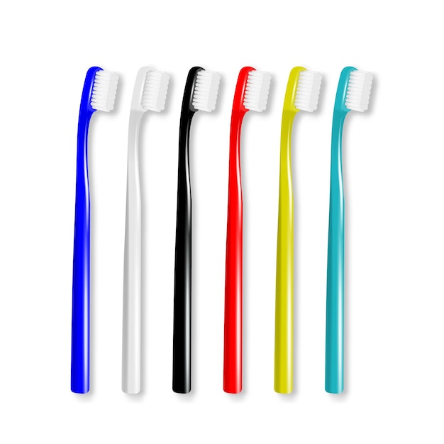 Conjunto de iconos de cepillo de dientes de plástico realista de vector 3d aislados en un diseño de fondo transparente