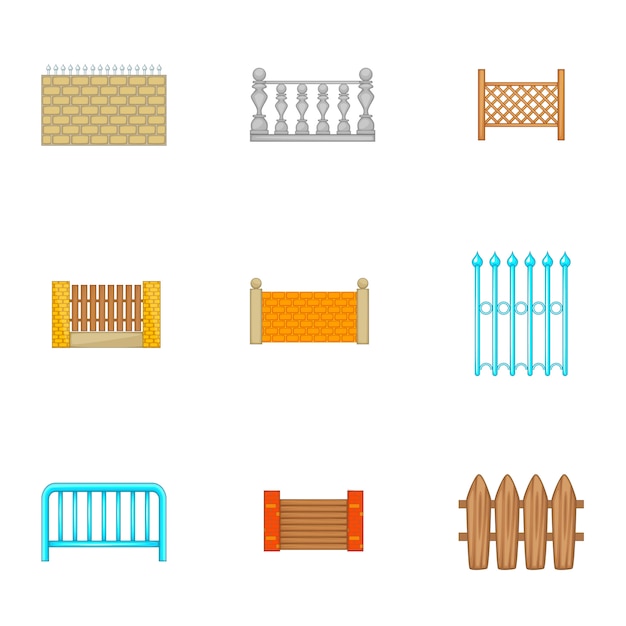 Conjunto de iconos de cercas de arquitectura, estilo de dibujos animados