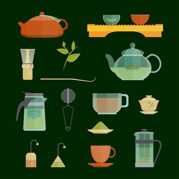 Conjunto de iconos de la ceremonia del té de dibujos animados Vector