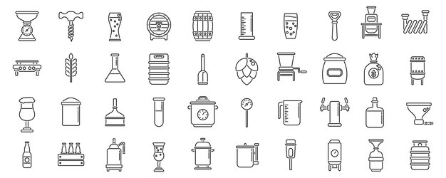 Conjunto de íconos de cerveza casera Equipamiento de cervecería y íconos del proceso de elaboración de cerveza que muestran la cerveza artesanal
