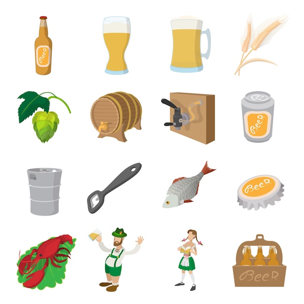 Conjunto de iconos de cerveza. Conjunto de dibujos animados de iconos de cerveza para web