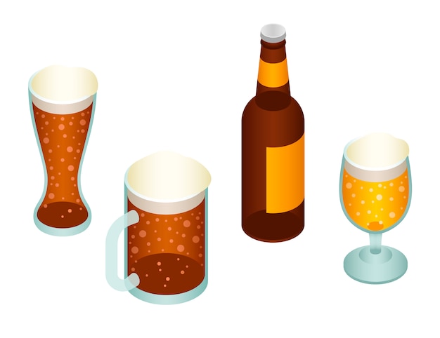 Conjunto de iconos de cerveza. Conjunto isométrico de cerveza