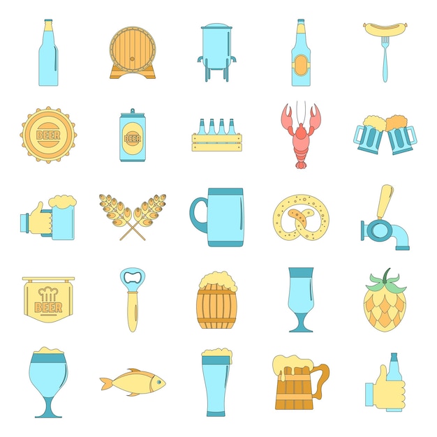 Conjunto de iconos de cerveza Ilustración del contorno de 25 iconos vectoriales de cerveza de línea delgada de color plano en blanco
