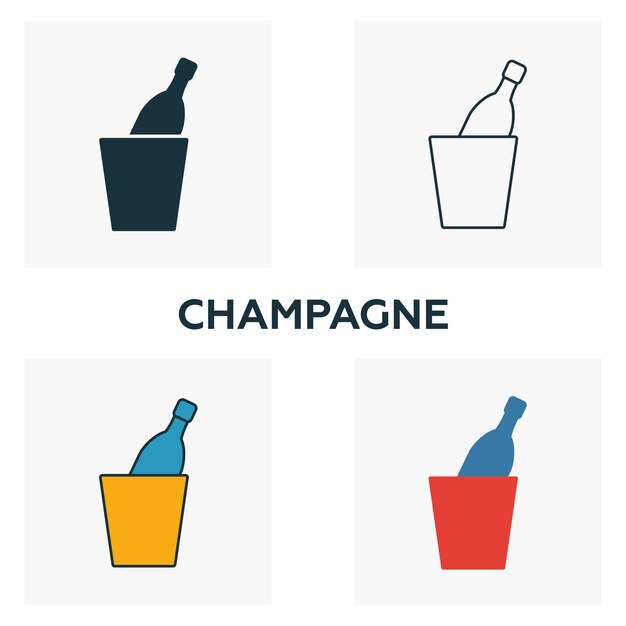 Conjunto de iconos de champán Cuatro elementos en diferentes estilos de la colección de iconos de bar y restaurante Iconos creativos de champán llenos de contorno coloreado y símbolos planos