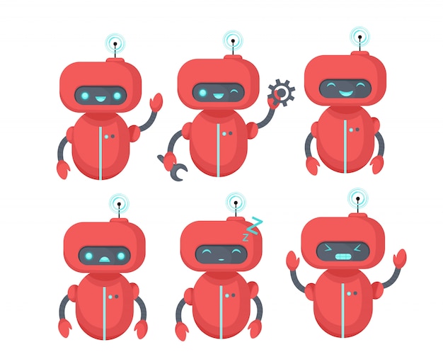 Conjunto de iconos de chat bot. robot con diferentes emociones. asistente virtual para sitio web, aplicación móvil y servicio al cliente. ilustración plana de dibujos animados