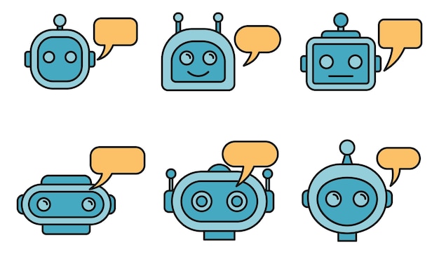 El conjunto de iconos de chatbot ai es un conjunto de iconas vectoriales de chatbot Ai de línea delgada, color plano sobre blanco.