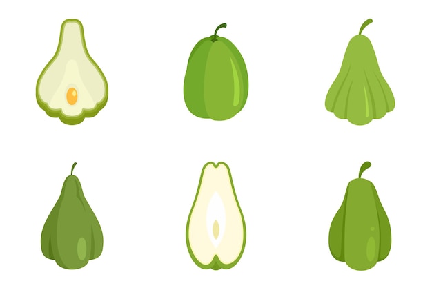 Conjunto de iconos de chayote. Conjunto plano de iconos de vector de chayote aislado sobre fondo blanco