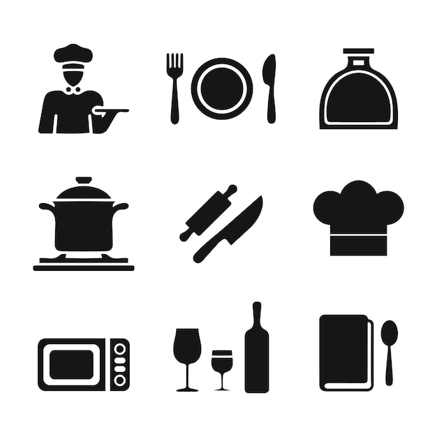 Conjunto de iconos de chef siluetas culinarias minimalistas con varios estilos de sombrero y utensilios de cocina