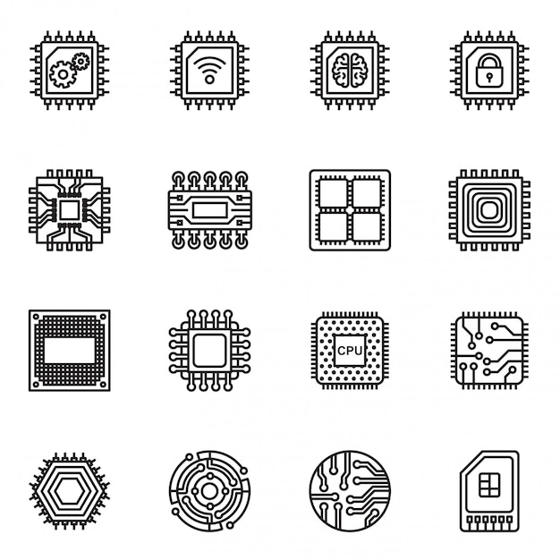 Conjunto de iconos de chips de computadora y circuito electrónico