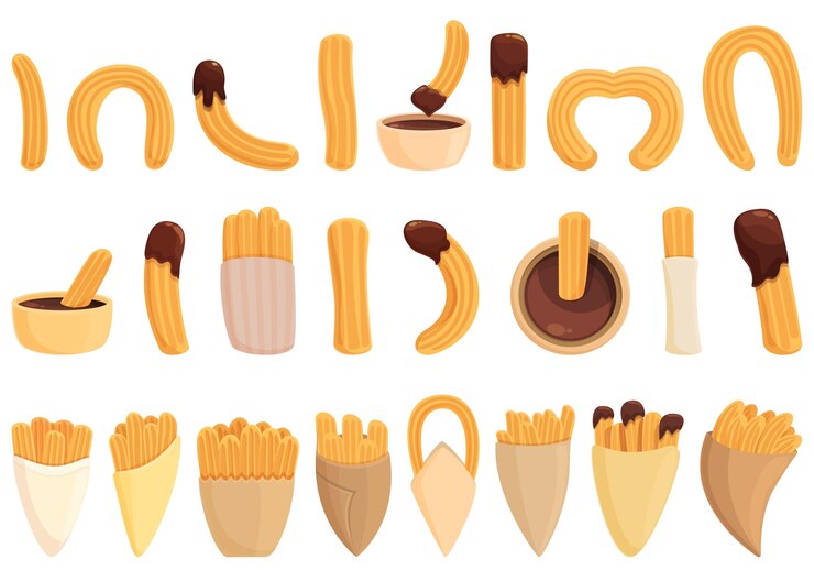 Conjunto de iconos de churros vector de dibujos animados chocolate mexicano