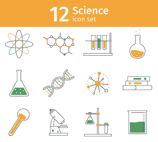 Conjunto de iconos de ciencia de línea. Equipo de laboratorio de química como cristalería. Molécula y modelo de adn, microscopio para experimento.