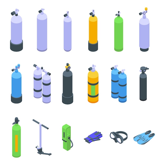 Vector conjunto de iconos de cilindros de buceo vector isométrico botella de gas