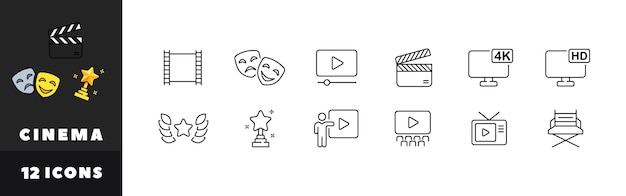 Conjunto de iconos de cine Botones de cine Estilo lineal Iconos vectoriales